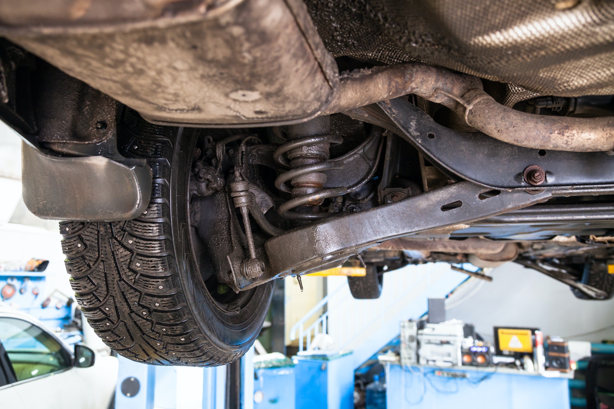 bottom view of vehicle on Shop Car Lift
